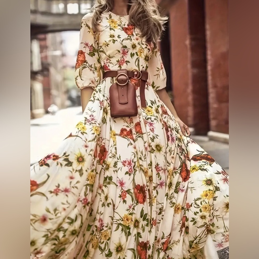 Passion of Essence Cream Floral Maxi Dress with Red and Yellow Blooms
